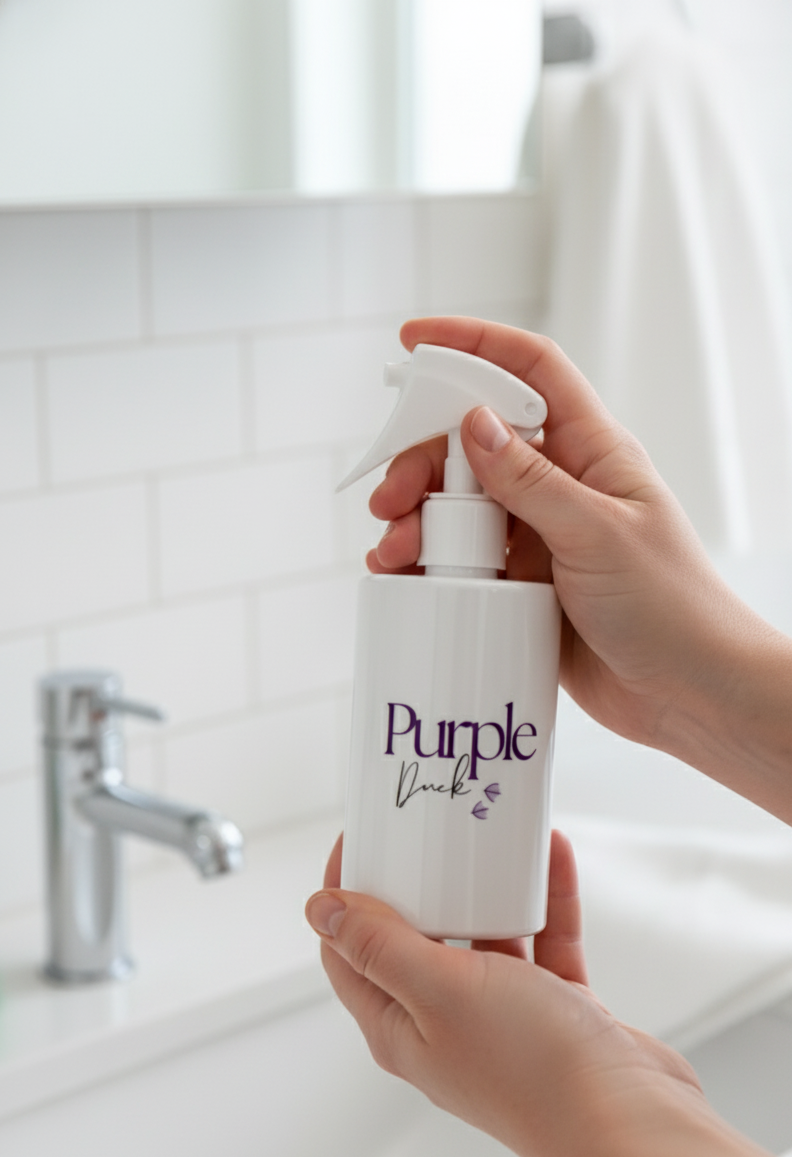 Hand holding a 10 oz clean room & linen spray in a bathroom setting.
