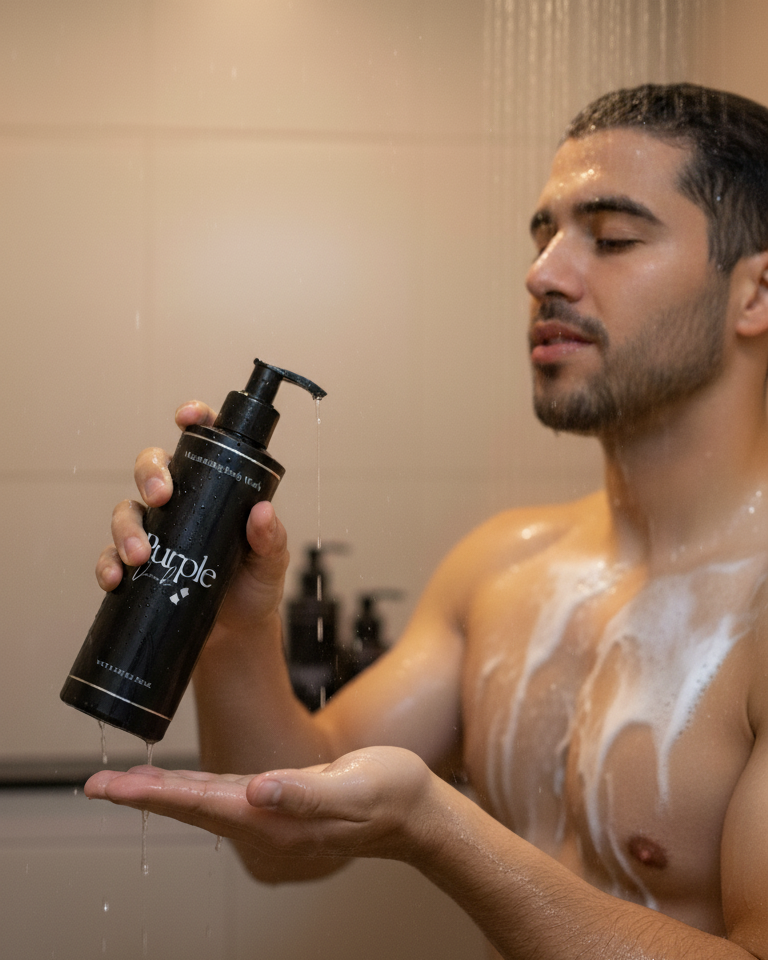 Man applying Purple Duck Body Wash to his hand in a bathroom setting