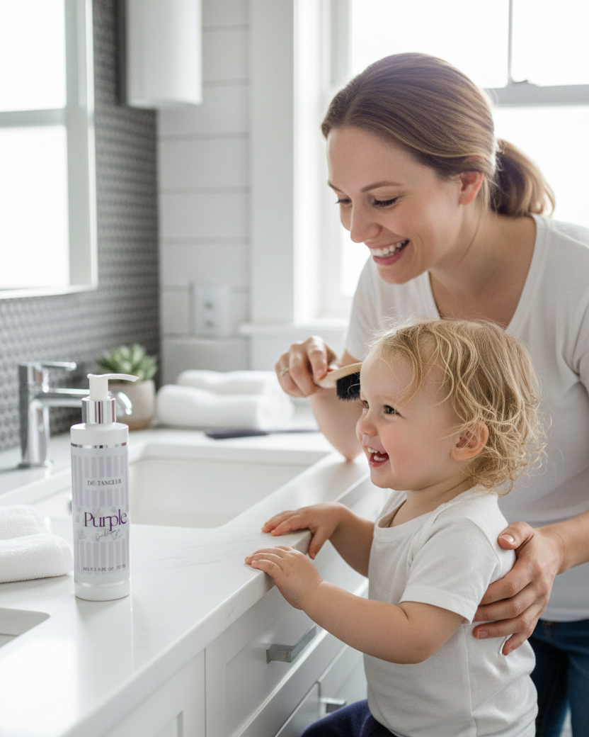 Mom with baby using Purple Duck Detangler on child